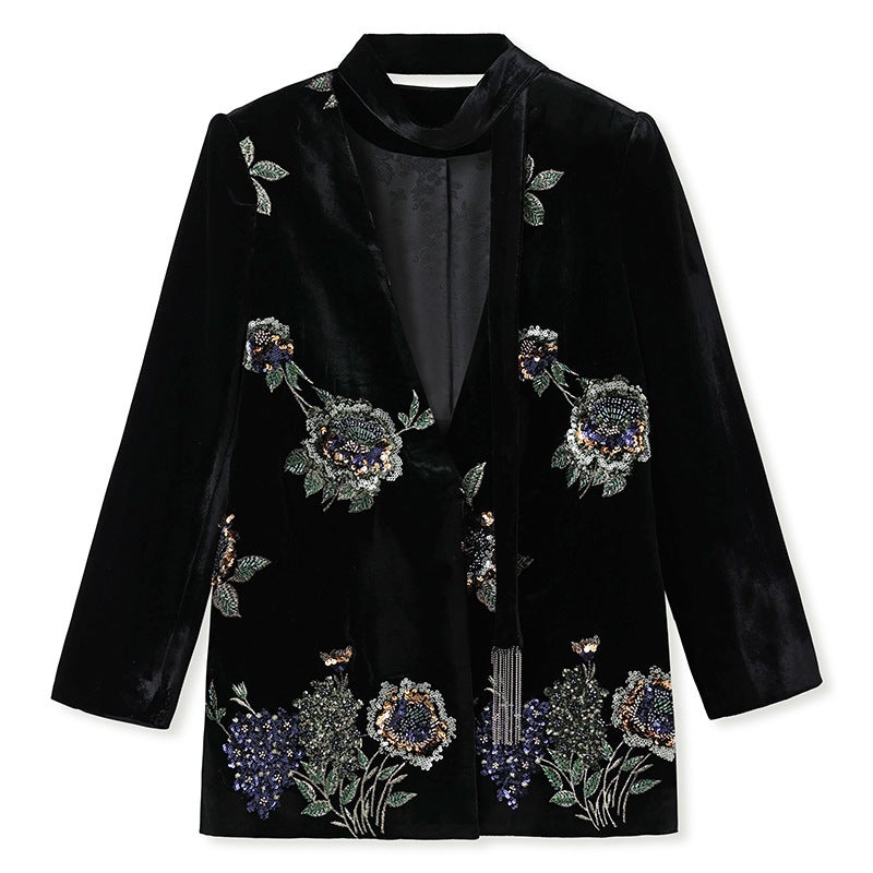Yailla New Versatile Chinese Style High-End Velvet Top for Autumn and Winter Sequined Embroidery Mulberry Silk Design Elegant and Sophisticated Women'S Coat Niche Design Tang Coat Suit - Image 1